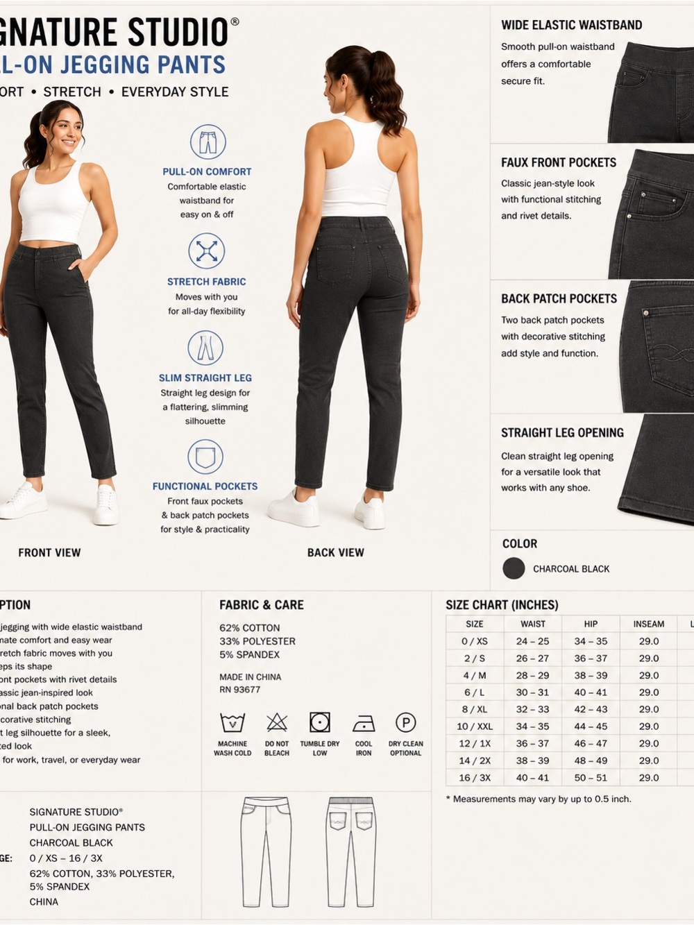 Signature Studio Charcoal Black Pull-On Jeggings